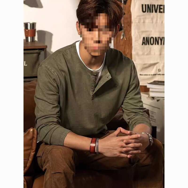 Trendy Spring and Autumn Men's Long-Sleeve Shirt, American Retro Loose Sports Base Shirt, Large Size Henley Shirt