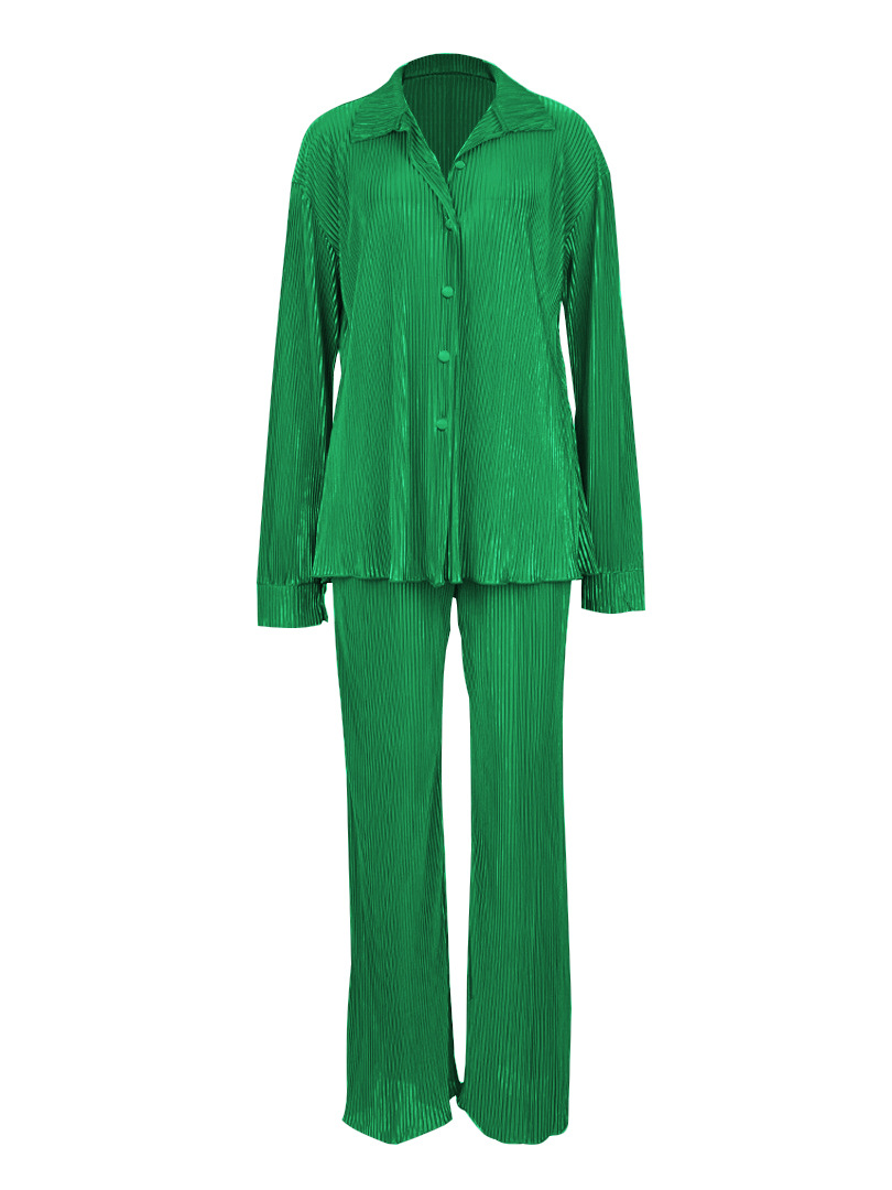 Women's Pant Sets Solid Colour Pleated Long Sleeved Suit Autumn_voghion.com