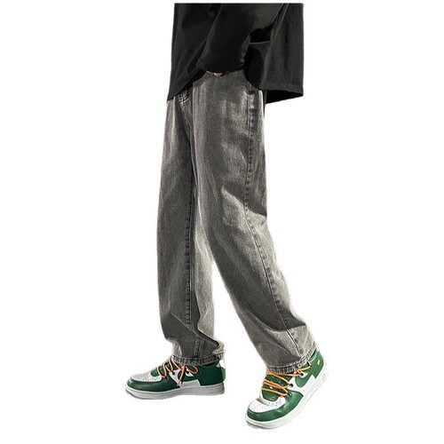 Stylish Smoke Gray Men's Loose Wide-Leg Jeans, Men's Hong Kong Style Ins Trendy Branded Straight Leg Pants