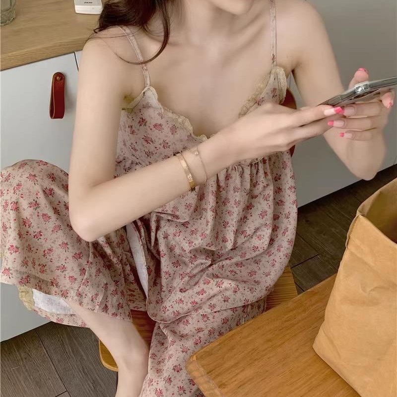Summer Pure Desire Style Camisole Pajamas with Chest Pads for Women, Cotton-Like Floral Set, Summer Pure Desire Sweet Lace Floral Loungewear