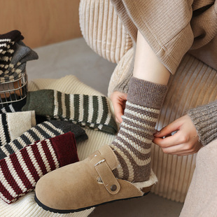 Wool Socks for Children Autumn and Winter Thickened Striped Mid-length Socks Ins Trendy Vintage All-match Stocking Stockings Winter Warm