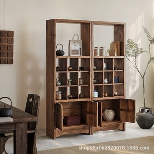 Solid Wood Multi-Compartment Storage Rack for Home Entrance, Partition, Antique Shelf, Old Elm Tea Cabinet, Antique Display Rack