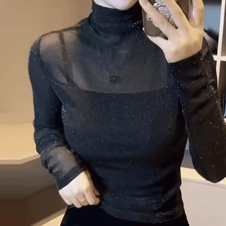 Women's 2026 New Style Glitter Mesh Base Layer Top, Elegant High Neck, Warm and Stylish