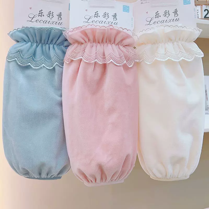 纯色加长羽绒服袖套女冬季花边蕾丝防脏套袖防污护袖防污新款袖套