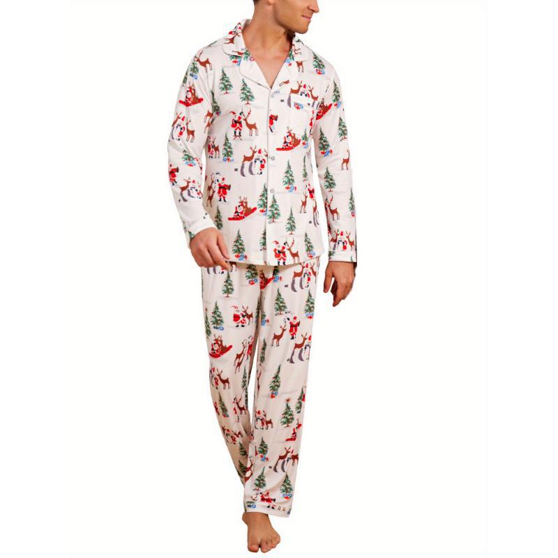 2025 New Cross-Border Dropshipping Christmas Family Matching Pajamas Men's Long-Sleeved Button-Down Pajamas