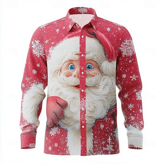 European and American Cross-Border Santa Claus Snowflake Red Shirt Fashion Trendy Long-Sleeved Shirt Lapel Shirt Men's Clothing