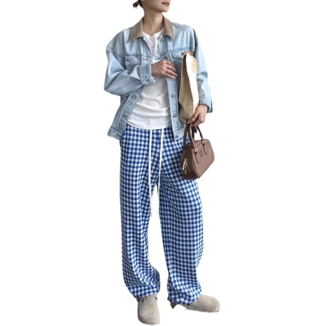 860G 높은 버전 24 겨울 새로운 틈새 디자인 니트 체크 울 DRAWSTRING 느슨한 캐주얼 바지 바지 여성