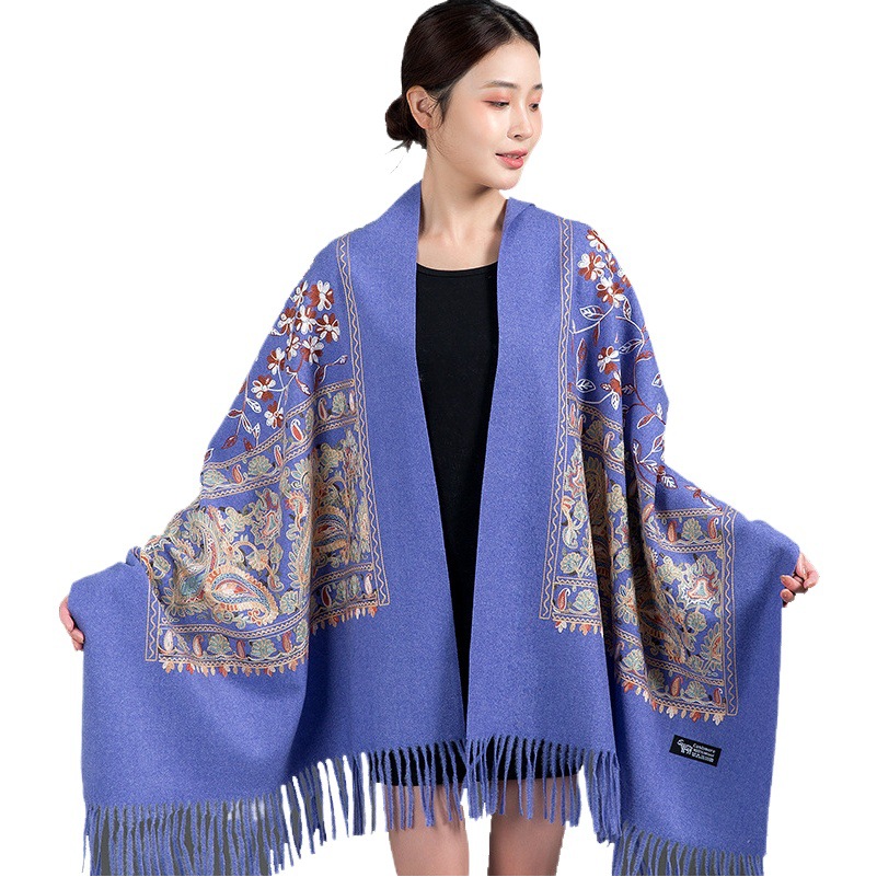 Embroidery Matchinging Cheongsam Outer Wear Autumn and Winter Retro Imitation Cashmere Embroidered Scarf Versatile Ethnic Style Shawl Mom Thick Style
