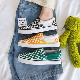 Spring 2020 Korean style chessboard Plaid slip-on canvas shoes couple's street shooting chic casual shoes all-matching board shoes