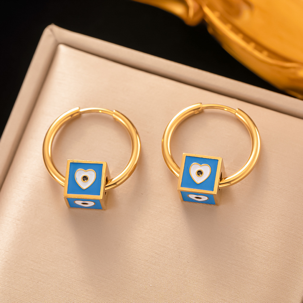 Daily Occasion 304 Stainless Steel Material 1 Pair Artistic Square Heart Shape Eye Enamel Plating 304 Stainless Steel 18K Gold Plated Hoop Earrings
