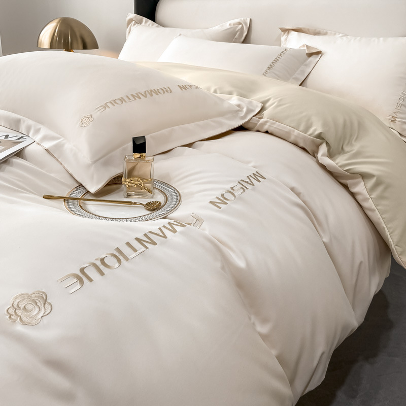 Ancient road side wash cotton bed four-piece simple embroidery solid color bed sheets student three-piece bedding wholesale