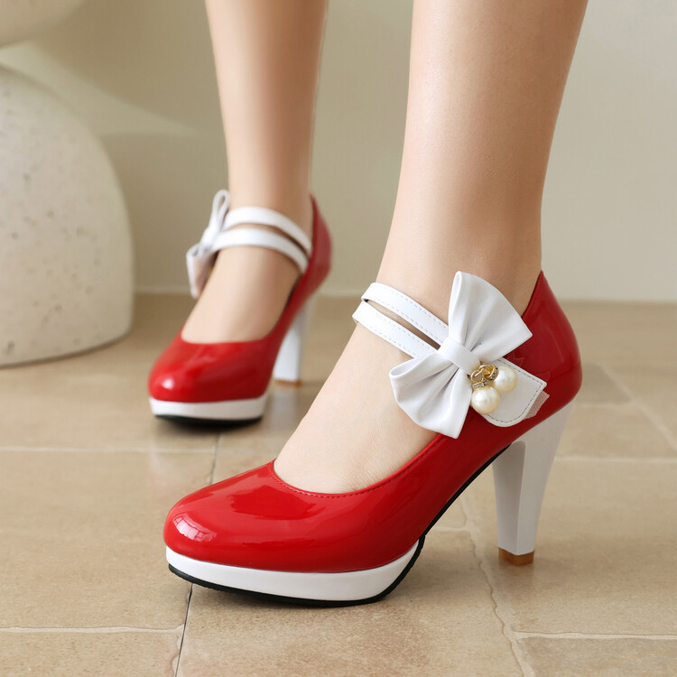 Cross-Border Women's Mary Jane Shoes Patent Leather Square Heel High Heels Sweet Ankle Strap with Bow Velcro Toe Women's Shoes