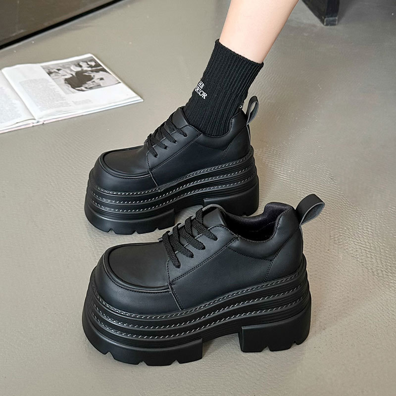 Thick-soled lace-up leather shoes women's British style 2025 spring new small muffin black loafers single-layer shoes Thick-soled lace-up leather shoes women's British style 2025 spring new small muffin black loafers single-layer shoes