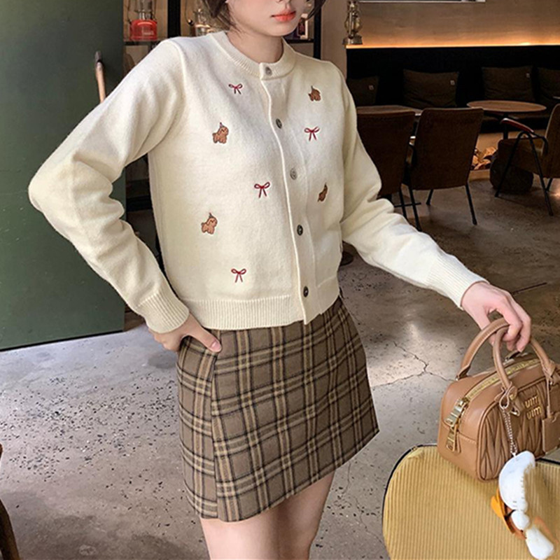 时尚温柔蝴蝶结甜美圆领毛衣外套女韩版设计感百搭小狗刺绣针织衫|undefined
