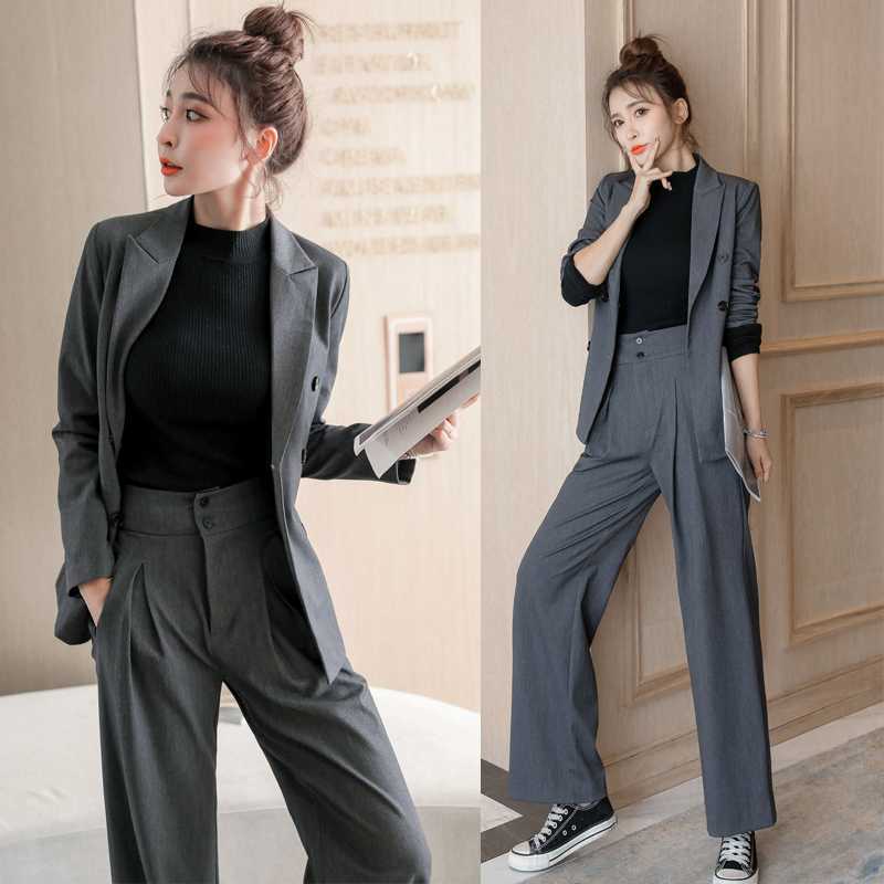 2026 Spring and Autumn Dark Gray Women's Blazer Suit Set British Style Wide-Leg Pants Casual Street Style Suit Set 2026 Spring and Autumn Dark Gray Women's Blazer Suit Set British Style Wide-Leg Pants Casual Street Style Suit Set