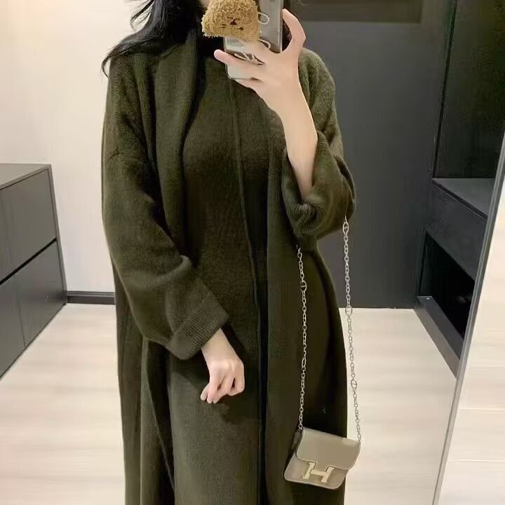 慵懒风感秋冬整套气质时尚穿搭无袖针织连衣裙长款针织开衫两件套|undefined