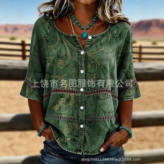 2026 Amazon Independent Site Hot-Selling European and American Fashion Women's Loose Casual Three-Quarter Sleeve Round Neck Batwing Shirt