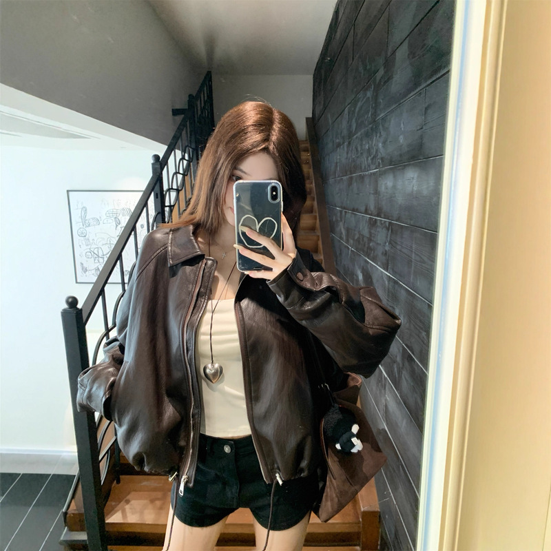 美式复古酷飒皮衣外套女2025秋季新款宽松翻领长袖机车夹克上衣潮|undefined