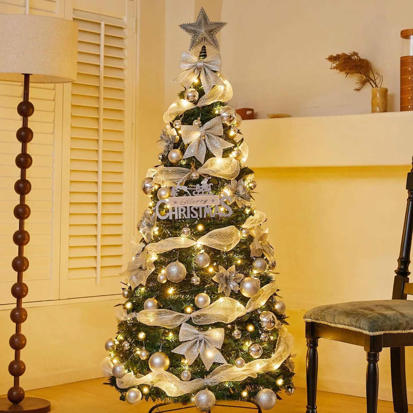 Árbol de Navidad plegable telescópico encryptado luminoso flocado decoración de árbol de nieve decoración de Navidad atmósfera de vestuario