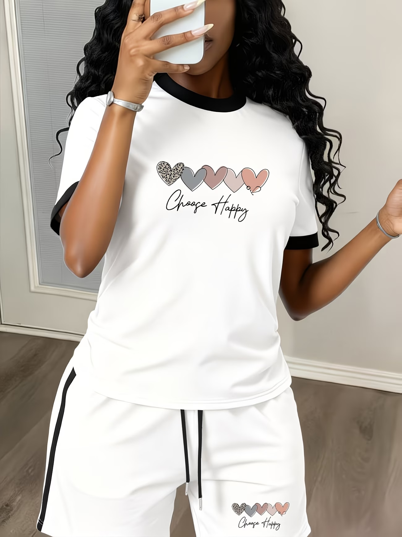 Women's Colour Block Heart Print Shorts Set Summer Short Sleeve_voghion.com