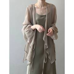 シフォン日焼け止めシャツ女性の夏薄いフレンチトップルーズ小さなカーディガンドレープショールジャケットブラウス