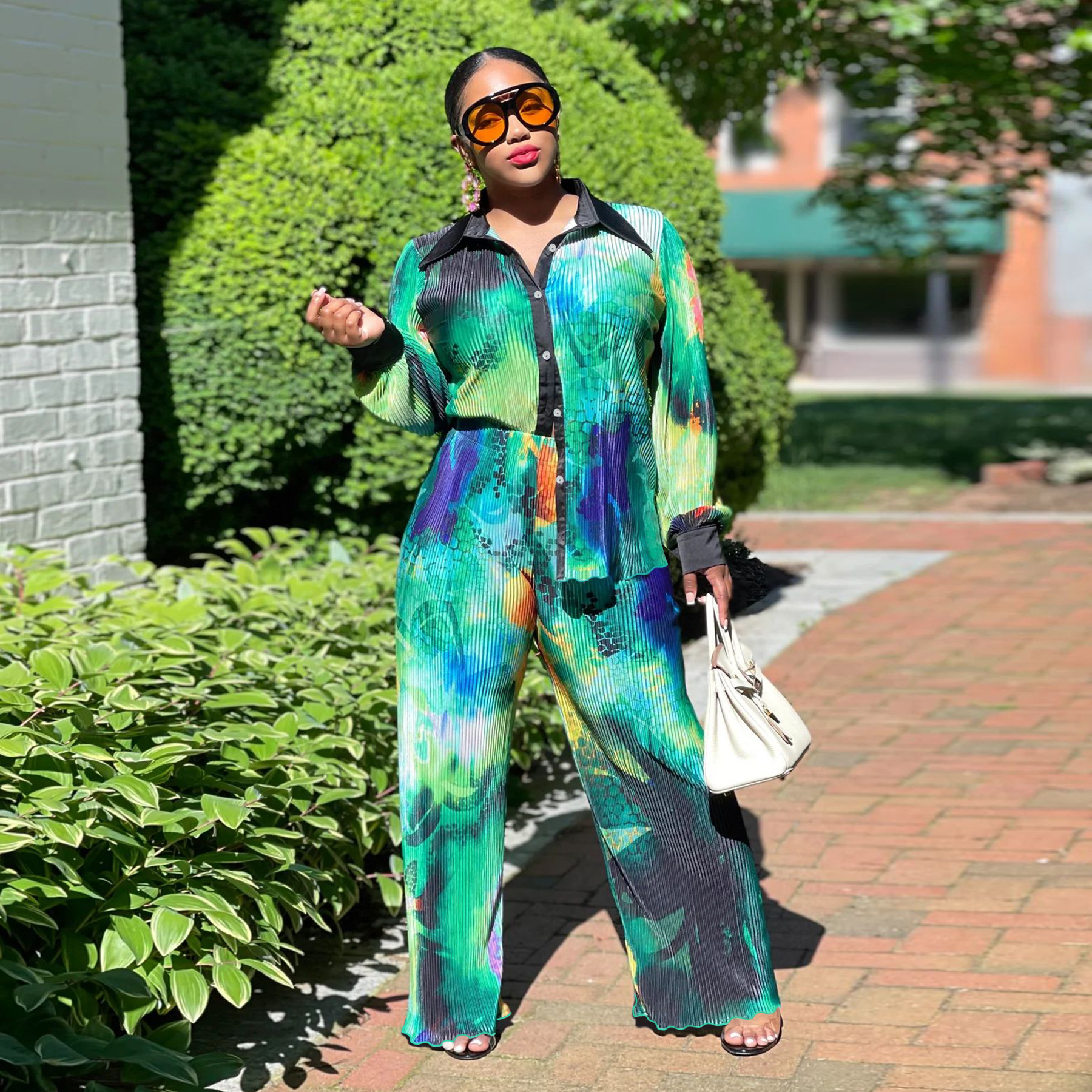 Women's Clothing fashion women's clothing autumn long sleeved wide leg pants printed pleated suit_voghion.com