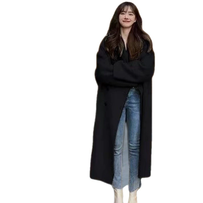 Long demi-season woolen coat, mid-length, for teenagers, loose fit