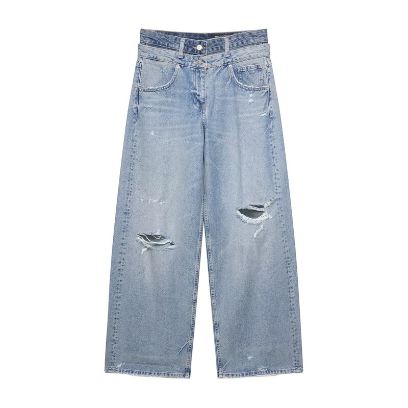 Taop&Za Spring and Summer New Women's Clothing Workwear Style Ripped Decorative Double-Layer Mid-Waist Straight Jeans 3607014