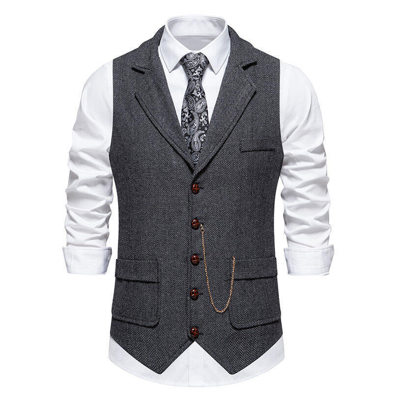 New Foreign Trade European Size Men's Tweed Suit Collar Vest with Cross-Border Chain Decoration Herringbone Vest Retro