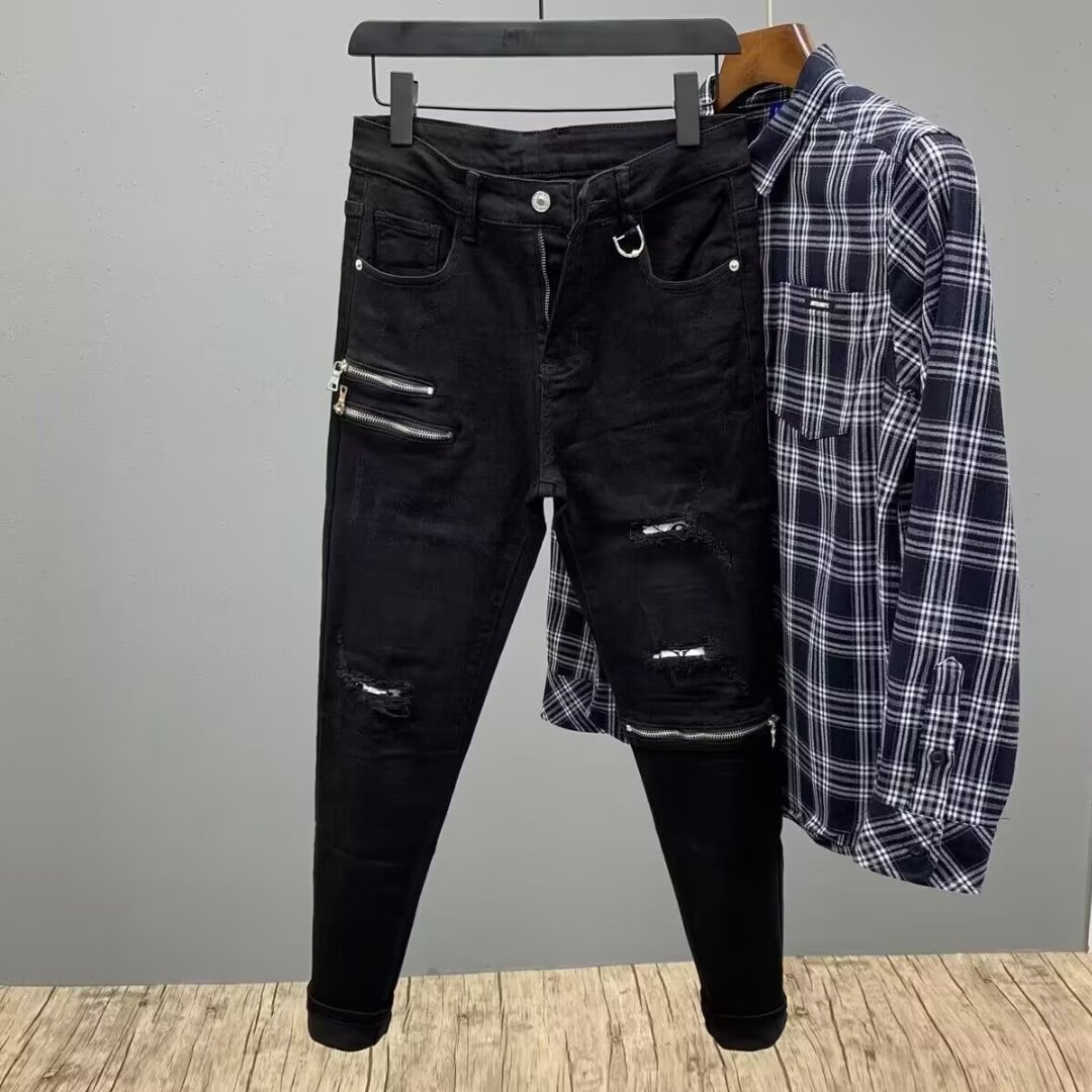 Douyin nuevos jeans con cremallera para hombre 2024 primavera moda estación europea slim-fit agujero guapo tendencia pantalones para hombre