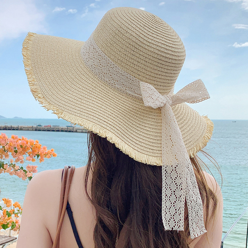 Korean Version of Small Fresh Sweet Fashionable Sunshade Hat for Women in Summer Large Brimmed Ribbon Outdoor Hat Large Brim Sun Hat Straw Hat_voghion.com