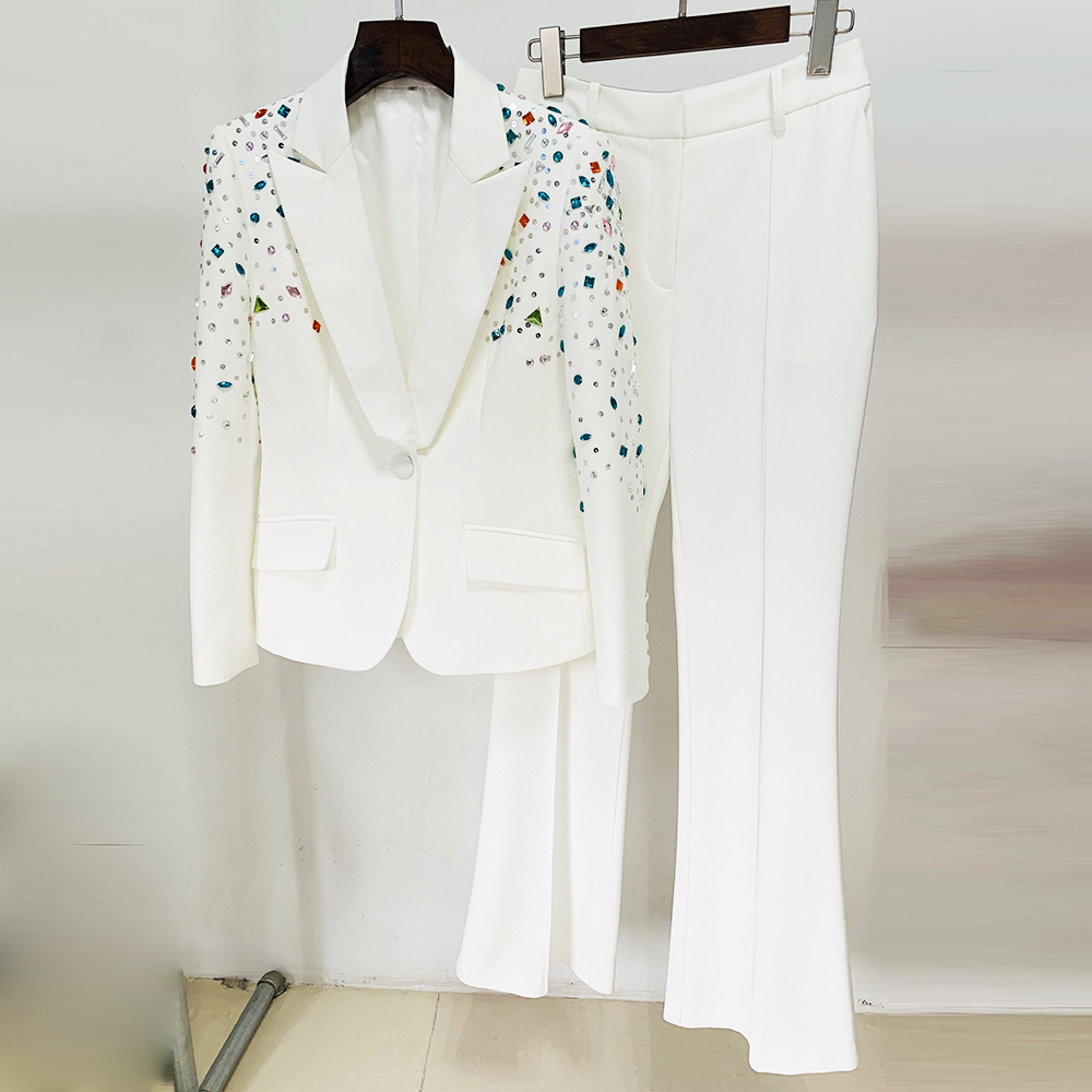 GraceChic In Stock 2025 European American Fashion New Heavy Beaded Colorful Rhinestone Slim Fit Blazer And Flared Pants Two-Piece_voghion.com