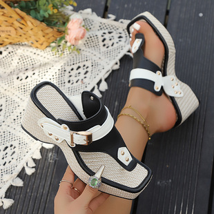 Wedge Thick-Soled Straw Sandals, Wedge Three-Dimensional Flower Flip-Flops, Bohemian Style Cool Wedge Thick-Soled