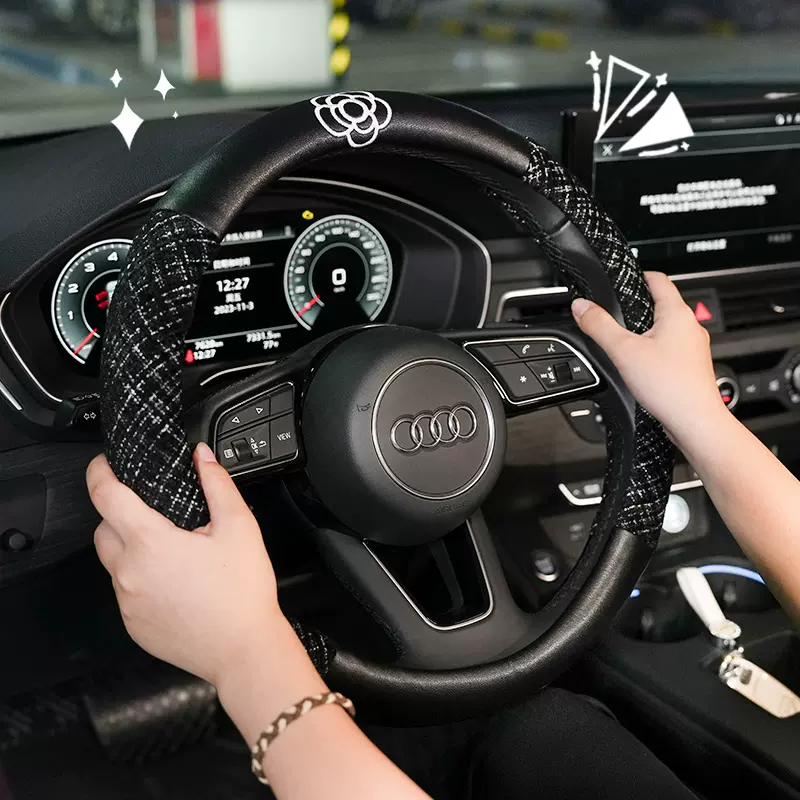 小香风汽车方向盘套四季通用简约防滑吸汗棉麻舒适车载方向盘把套