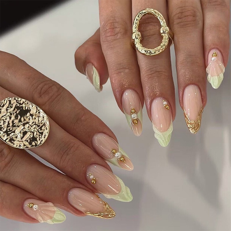 European and American Cross-Border Gold-Plated Wearable Nails in Teal Green with 3D Shell Almond-Shaped Design, Nail Art with Rhinestones and Pearls, Wearable Nail Pieces