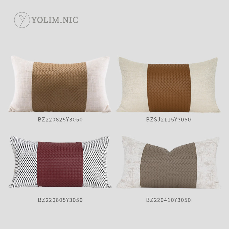 Cojín lumbar de tela con patrón de cuero tejido, cojín decorativo de lujo ligero estilo chino para habitación de hotel, cojín decorativo para el hogar.