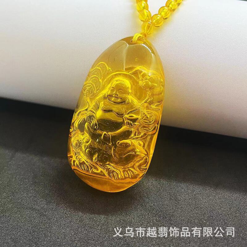 金模造琥珀内刻経文蜜蝋ペンダント 千手観音 蓮心経 如来弥勒仏 無事牌珠串|undefined