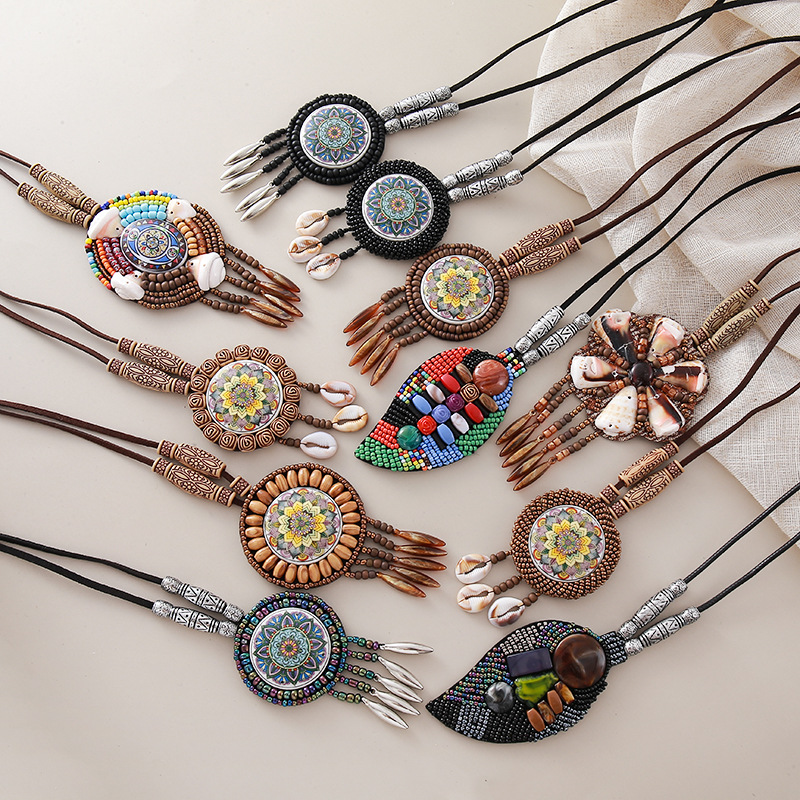 新款民族风项链毛衣链旅游拍摄古风长款波西米亚风格个性手工编制