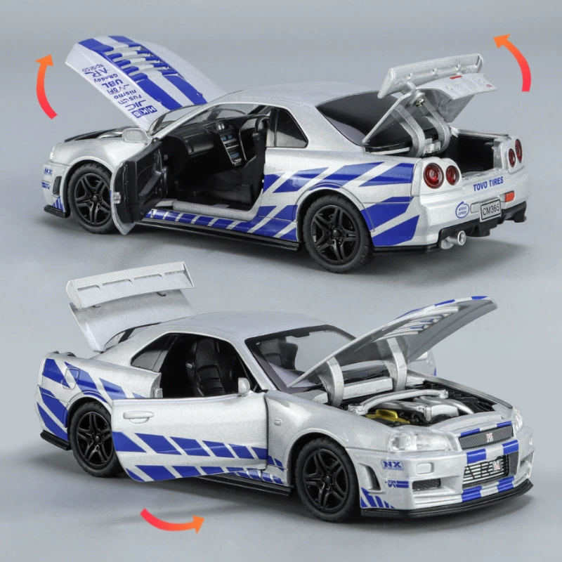 Die-cast Warrior GTR R34 Racing Car Model, 1:32 Scale, Light & Sound, Shock Absorbers