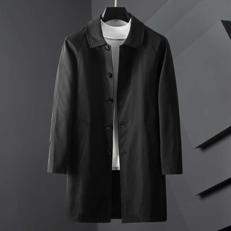 Black mid-length trench coat men's coat 2023 autumn and winter thin casual wear men's Korean-style top lapel jacket
