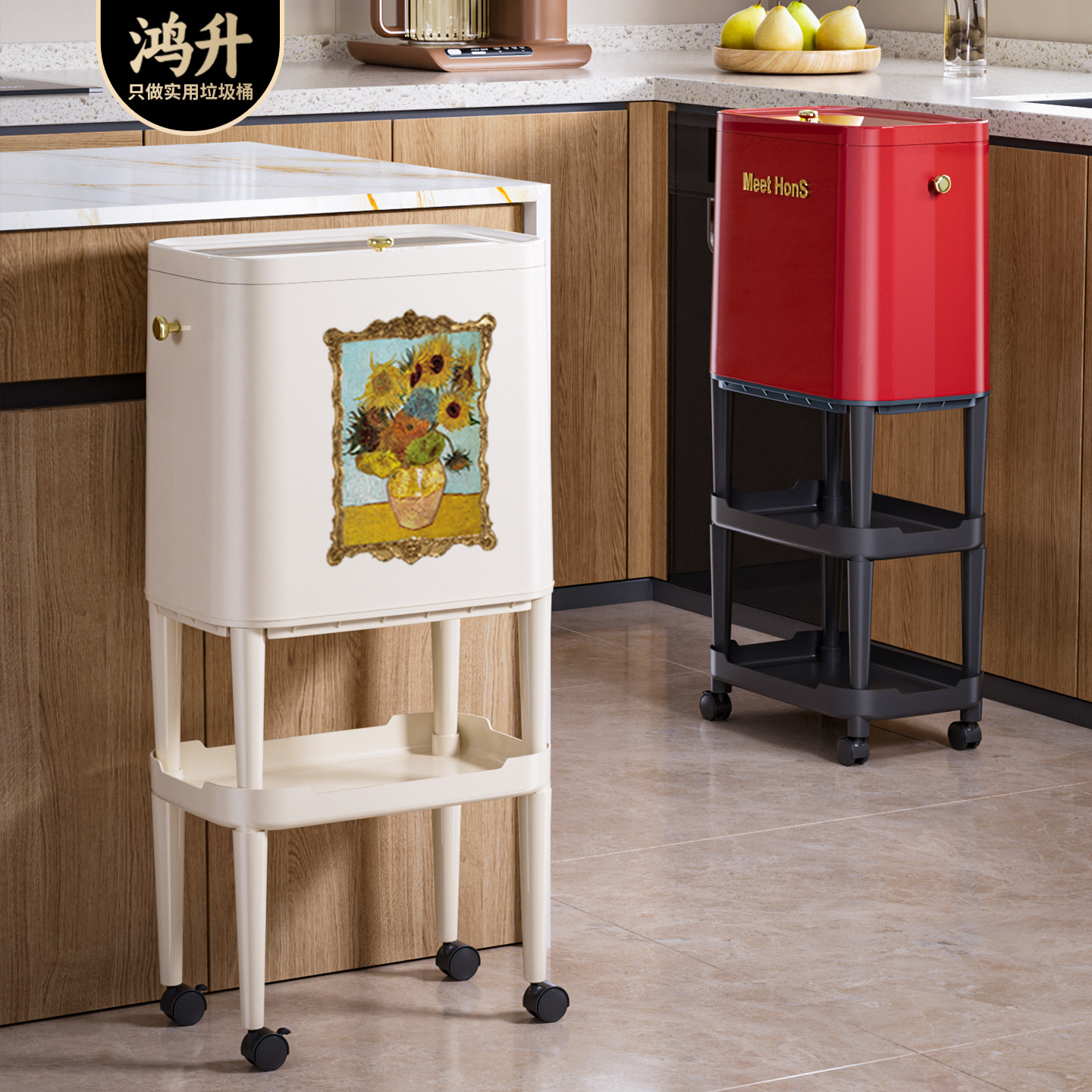 Assembled Air Pressure Adsorption Bag-Type Tall Sliding Lid Trash Can with Wheels for Moving Garbage in the Living Room, Bedroom, and Kitchen