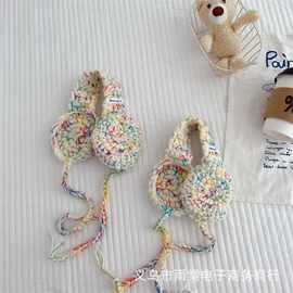 韩版儿童手工针织保暖防寒耳罩潮秋冬男女童宝宝系带彩色毛线耳罩