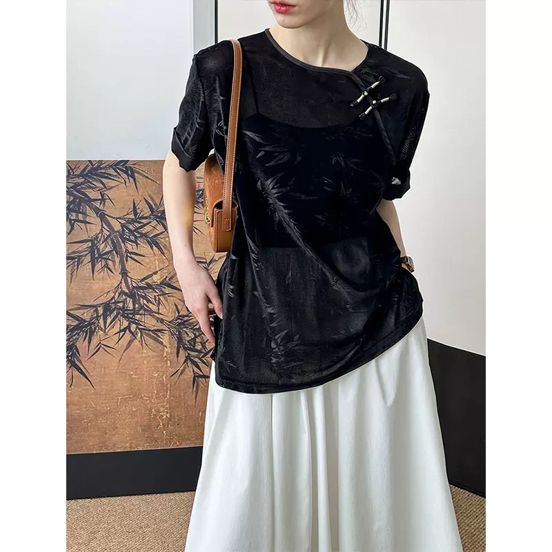 橘芷 2025秋季轻国风T恤女复古新中式竹子印花圆领上衣2759