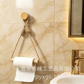跨境木质纸巾架壁挂免打孔卷纸收纳架带麻绳厨房抹布毛巾架卷纸架