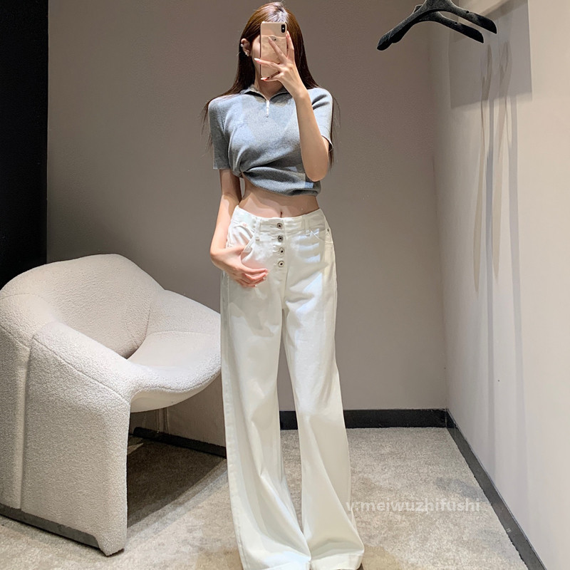 白色系水洗高腰牛仔裤女 简约显瘦百搭排扣阔腿长裤早秋 ZK63321|undefined