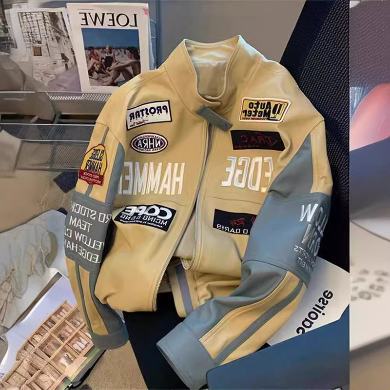 美式复古机车服pu皮潮牌夹克男女秋冬季高级感炸街重工棒球服外套|undefined