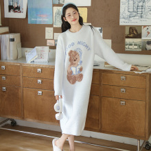冬季新品 日系甜美可爱帽子熊半边绒睡裙 保暖软绵绵圆领少女睡裙