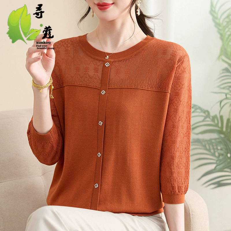 Новое летнее платье среднего и пожилого возраста мамочки топ женский, летнее лето тонкая одежда с рукавами из семи точек, свитер среднего возраста