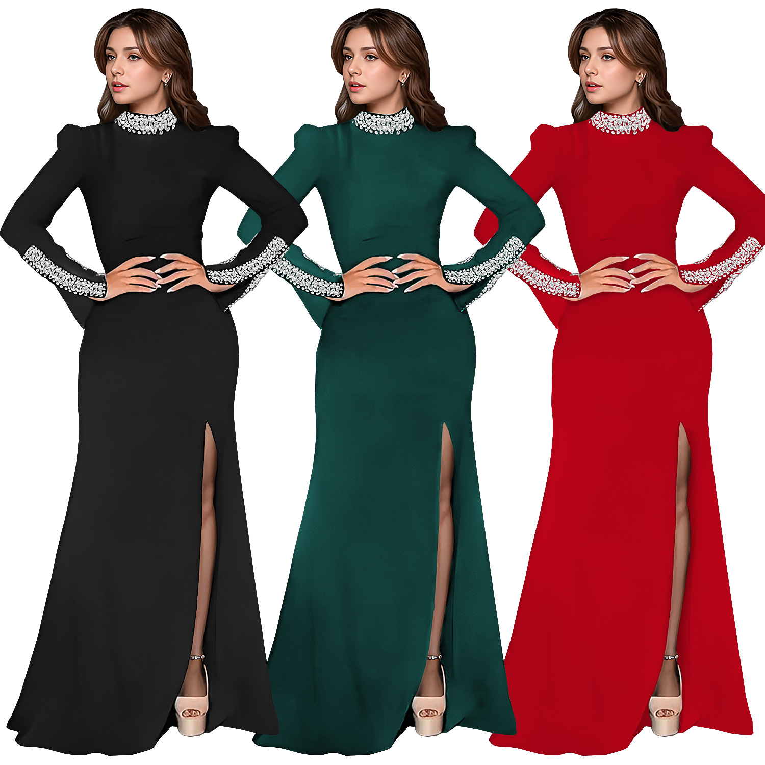 C7271 Cross-border AliExpress Amazon Moda europea y americana Vestido de manga larga de diamantes calientes de color sólido para mujer Nuevo image 6