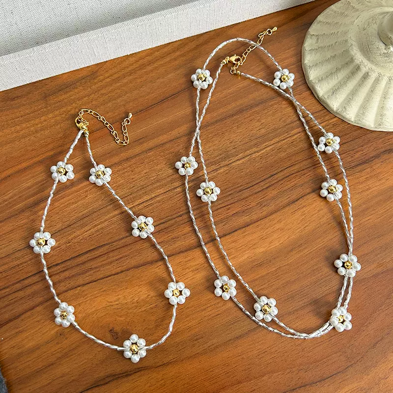 花瓣锁骨链花朵珍珠项链小众高级感毛衣链气质套装百搭轻奢套链